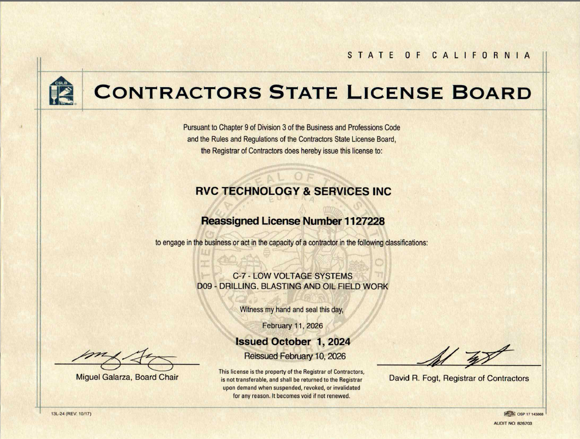 Original CSLB license for RVC Technology & Services Inc.